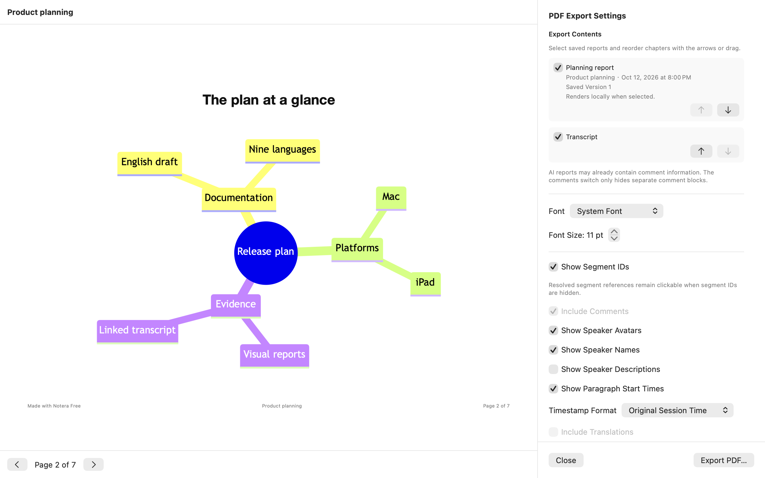Notera PDF export preview with diagrams and transcript source links